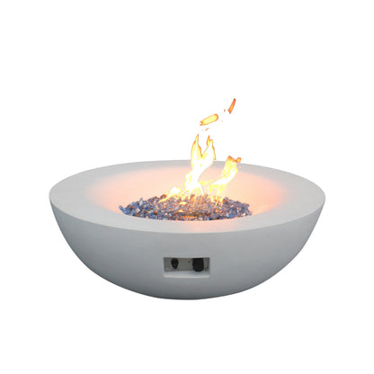 42-Inch Outdoor Propane Fire Pit Bowl – GFRC Concrete Fire Table with Lava Rock & Glass Chips | Antique White