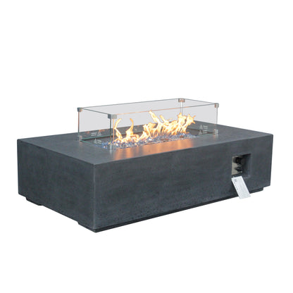 52-Inch Outdoor Propane Fire Pit Table – GFRC Concrete Rectangle Fire Table with Wind Guard | Dark Gray