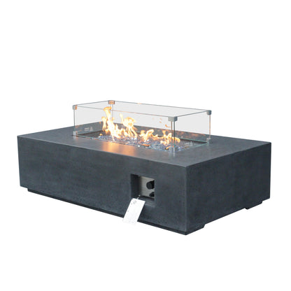 52-Inch Outdoor Propane Fire Pit Table – GFRC Concrete Rectangle Fire Table with Wind Guard | Dark Gray