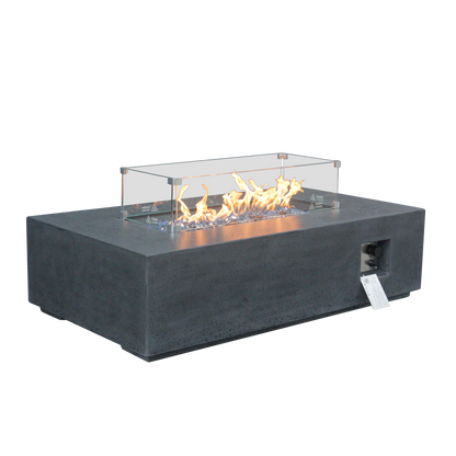 52-Inch Outdoor Propane Fire Pit Table – GFRC Concrete Rectangle Fire Table with Wind Guard | Dark Gray