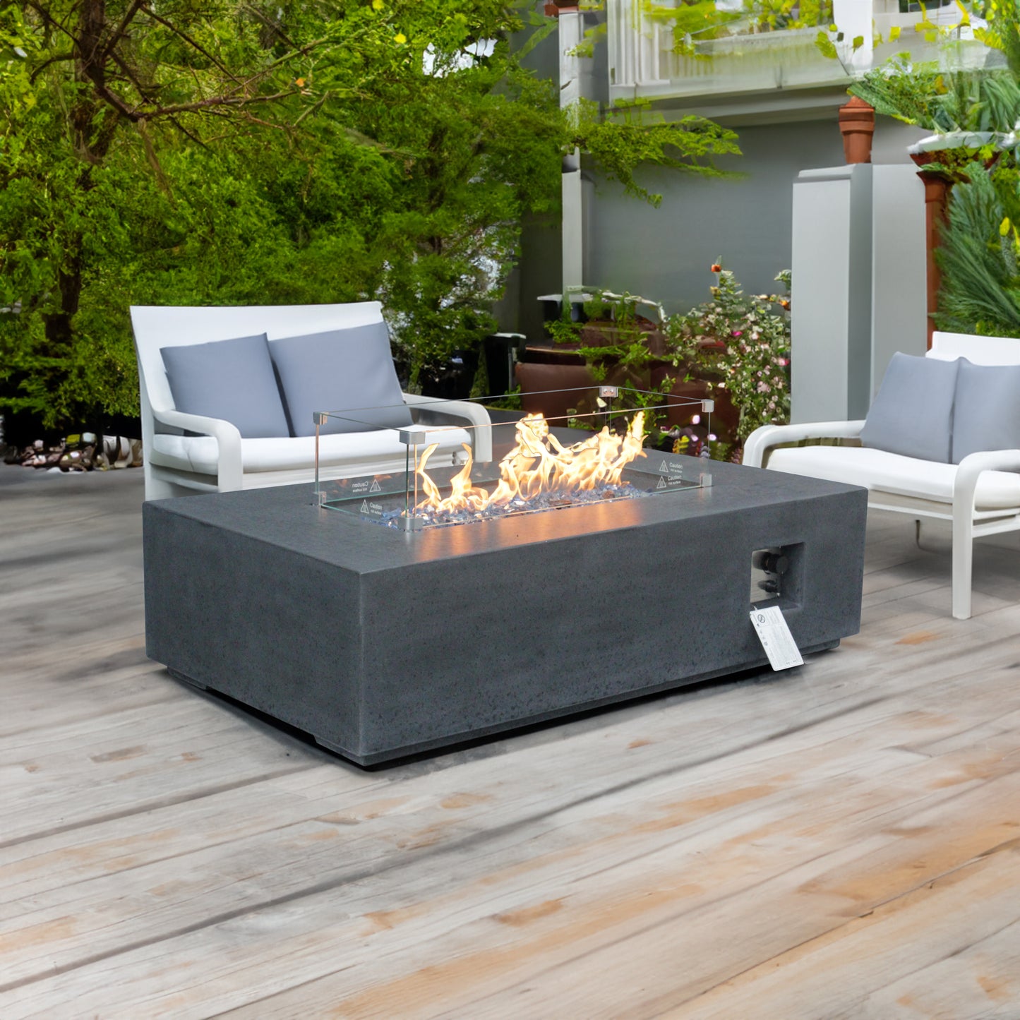 52-Inch Outdoor Propane Fire Pit Table – GFRC Concrete Rectangle Fire Table with Wind Guard | Dark Gray