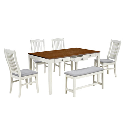 TOPMAX Mid-Century 6-Piece Wood Dining Table Set, Kitchen Table Set with Drawer  Upholstered Chairs and Bench  Butter Milk
