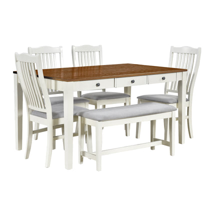 TOPMAX Mid-Century 6-Piece Wood Dining Table Set, Kitchen Table Set with Drawer  Upholstered Chairs and Bench  Butter Milk