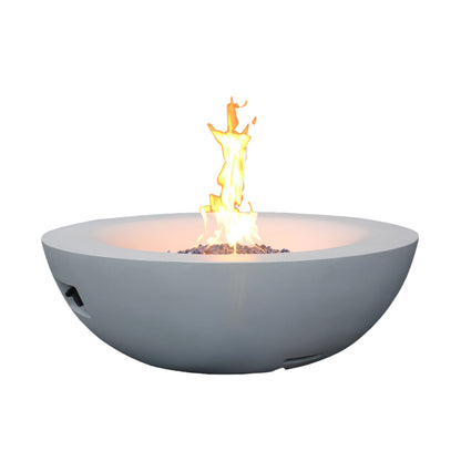 42-Inch Outdoor Propane Fire Pit Bowl – GFRC Concrete Fire Table with Lava Rock & Glass Chips | Antique White