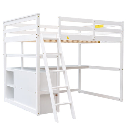 Full Size Loft Bed with Desk and Shelves,Two Built-in Drawers White