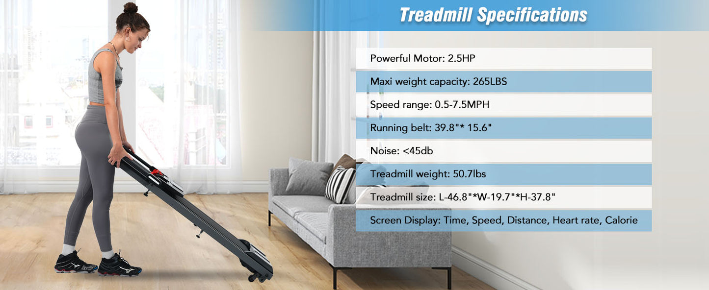 Folding Walking Pad Treadmill with Incline & Bluetooth Speaker – 2.5HP Portable Treadmill for Home and Office