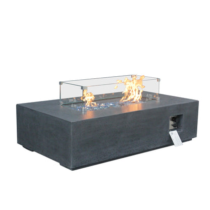 52-Inch Outdoor Propane Fire Pit Table – GFRC Concrete Rectangle Fire Table with Wind Guard | Dark Gray