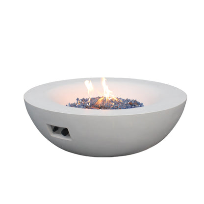 42-Inch Outdoor Propane Fire Pit Bowl – GFRC Concrete Fire Table with Lava Rock & Glass Chips | Antique White