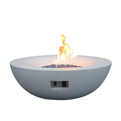 42-Inch Outdoor Propane Fire Pit Bowl – GFRC Concrete Fire Table with Lava Rock & Glass Chips | Antique White