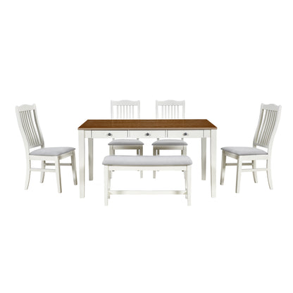 TOPMAX Mid-Century 6-Piece Wood Dining Table Set, Kitchen Table Set with Drawer  Upholstered Chairs and Bench  Butter Milk