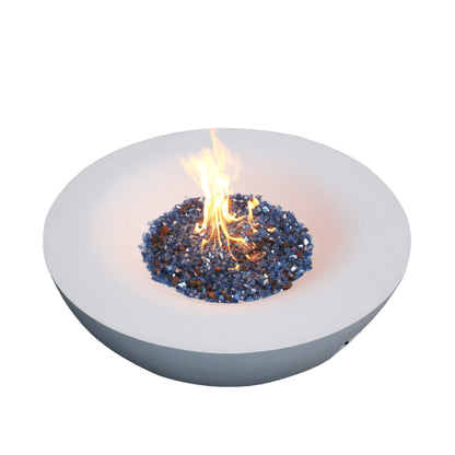 42-Inch Outdoor Propane Fire Pit Bowl – GFRC Concrete Fire Table with Lava Rock & Glass Chips | Antique White