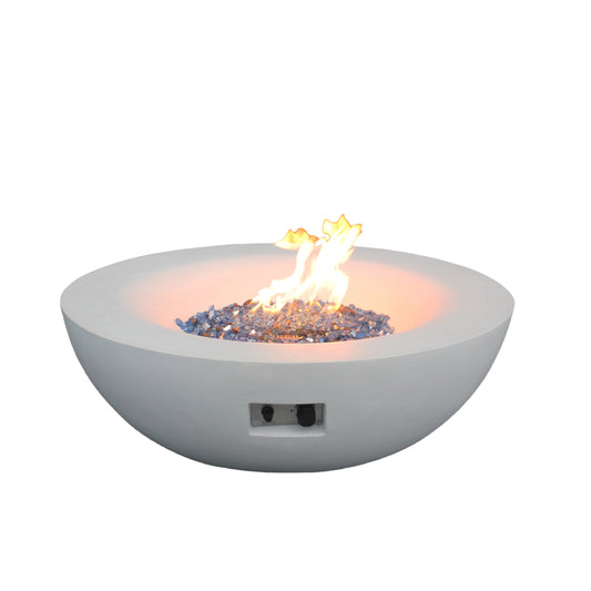 42-Inch Outdoor Propane Fire Pit Bowl – GFRC Concrete Fire Table with Lava Rock & Glass Chips | Antique White