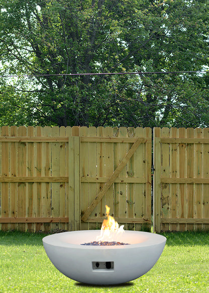 42-Inch Outdoor Propane Fire Pit Bowl – GFRC Concrete Fire Table with Lava Rock & Glass Chips | Antique White