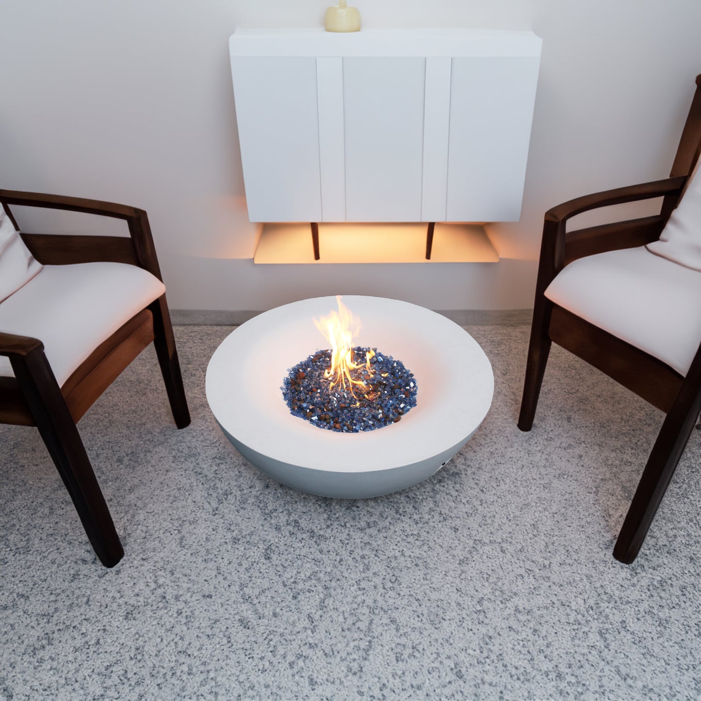 42-Inch Outdoor Propane Fire Pit Bowl – GFRC Concrete Fire Table with Lava Rock & Glass Chips | Antique White